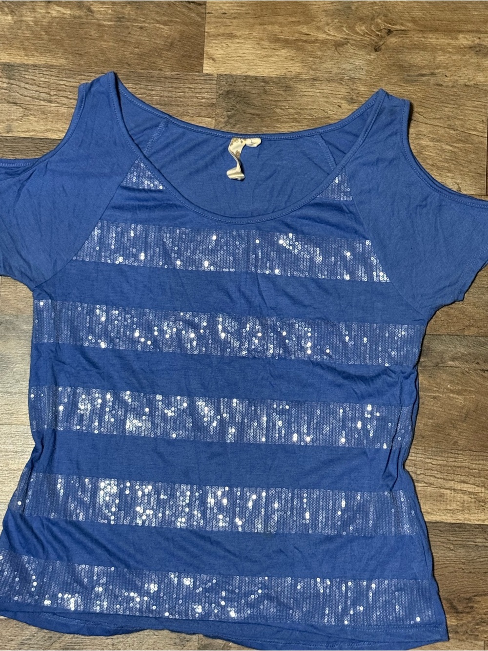 Only Sky Cobalt Blue Sparkly Sequin Top, Cold Shoulder •Size Large•
